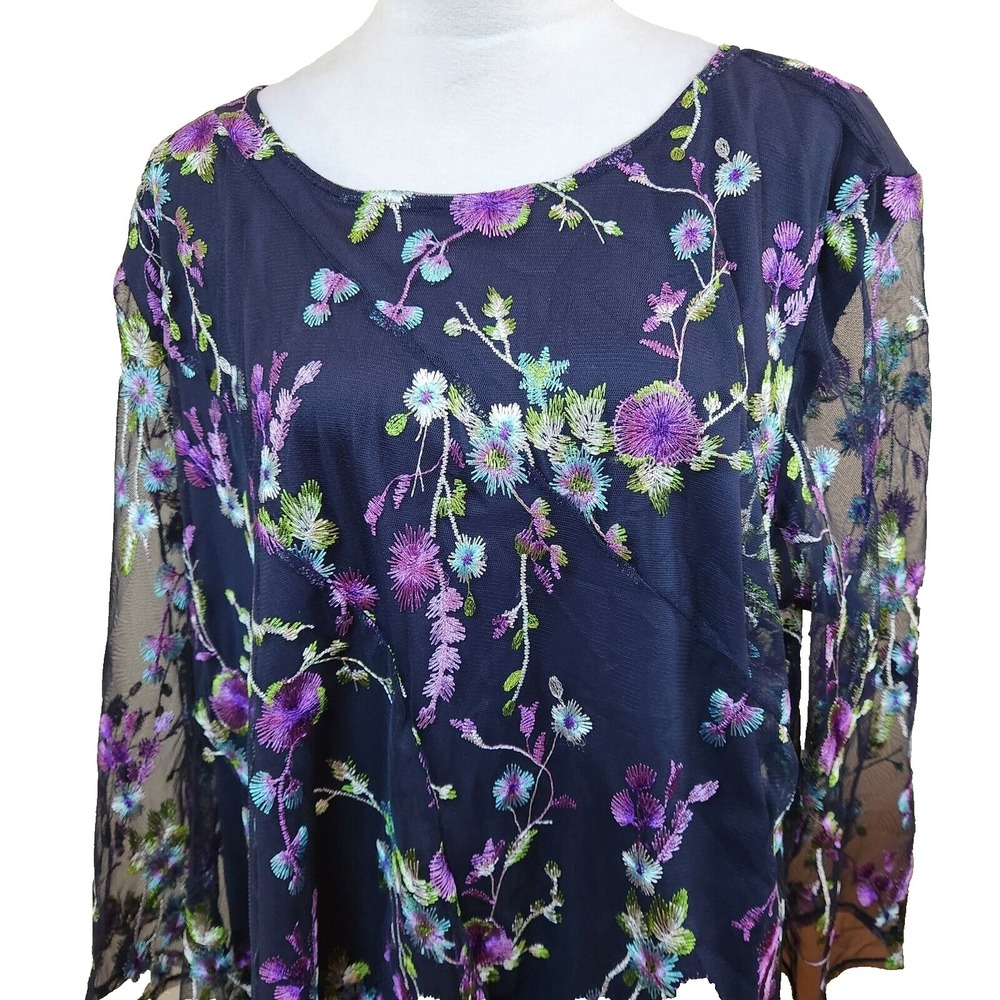 Guillaume Womens Floral Top Plus Sz‎ 2X Blue & Purple Embroidered Chiffon Blouse